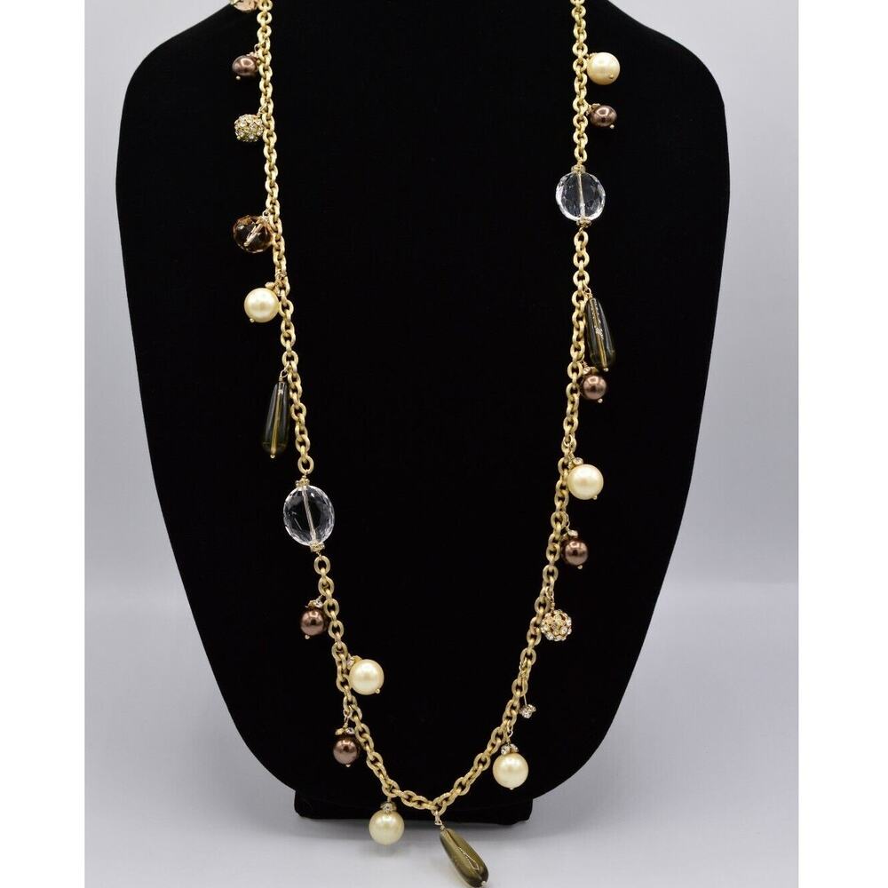 Vintage Station Charm Necklace Brushed Gold Chain Crystal Rhinestone Beaded BinG